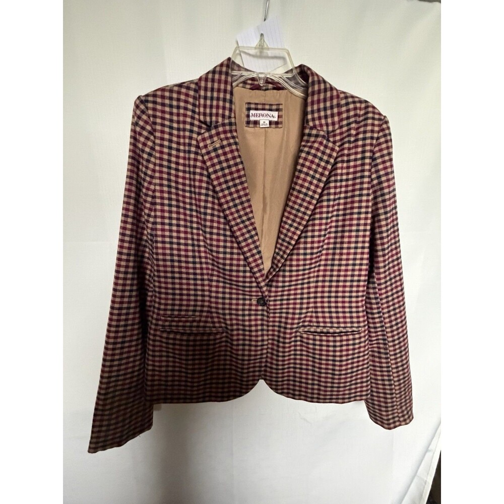 Merona Women’s Burgundy Beige Check Button Lined Short Blazer Jacket Size 10